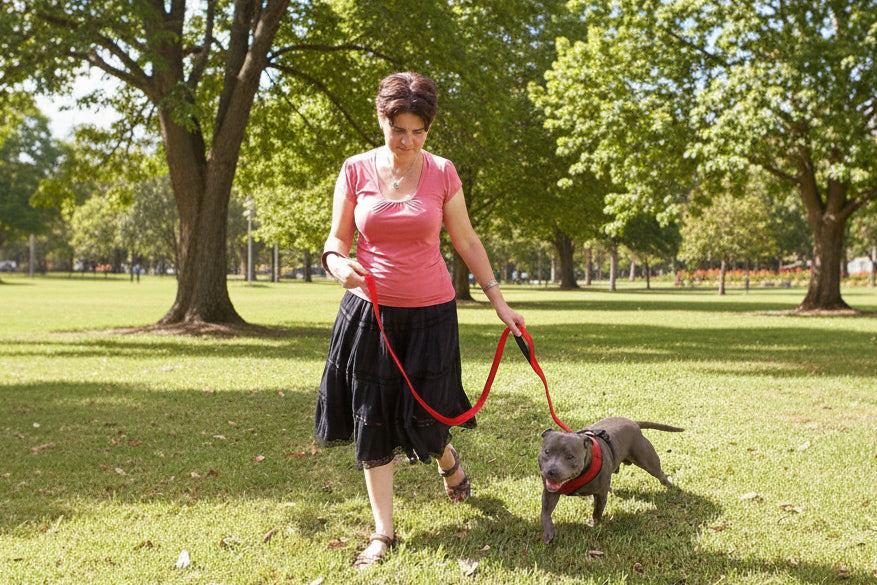 Woman walking a Staffy on a red Primal Pet Gear double handle leash in a park